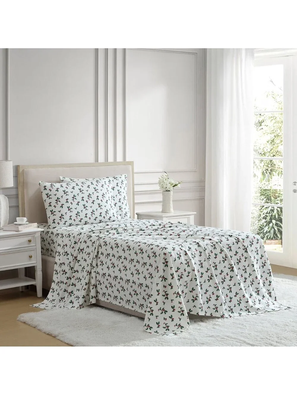 Lenox Flannel Sheet Set, Holly Green Berries, QUEEN